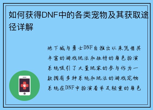 如何获得DNF中的各类宠物及其获取途径详解 如何获得DNF中的各类宠物及其获取途径详解